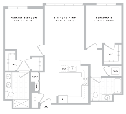 Floor plan for 2 beds, 2 baths, 1089 sqft